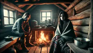 Dentro de una acogedora cabaña de madera, Rán está envuelta en mantas junto a la chimenea, mientras Erik la observa; la habitación está llena de calidez y misterio.