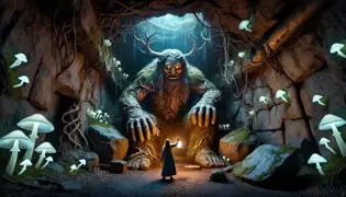 Dentro de un sombrío refugio cubierto de musgo, un troll se sienta en un trono de piedra mientras Elin permanece en la entrada sosteniendo una linterna.