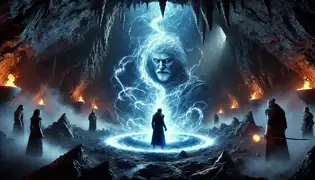 Ole Nkiria se acerca al resplandeciente Oracle del Trueno, con los relámpagos brillando en su rostro, mientras Simel y Naserian observan con asombro.