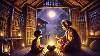 Une grand-mère raconte une légende de la lune à sa petite-fille sous la lumière lunaire, dans une cabane en bambou.