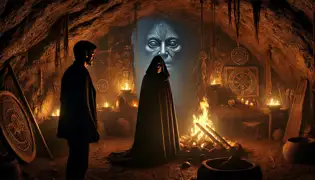 Dentro de una cueva tenuemente iluminada, la bruja Ximena se encuentra ante Daniel e Isabela, rodeada de artefactos mayas y la luz temblorosa de un fuego.