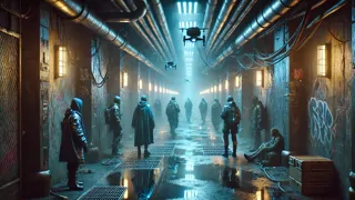 Refugiados que evaden ser detectados en un túnel subterráneo con poca iluminación en una ciudad cyberpunk.