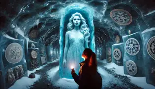 Una caverna glacial iluminada por una luz azul, que muestra artefactos antiguos atrapados en el hielo y una figura congelada en el centro.