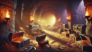 Interior de una cueva secreta repleta de oro, gemas y viejos cofres