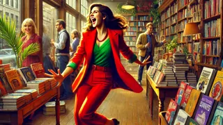 Una mujer vibrante con blazer rojo seleccionando libros con entusiasmo