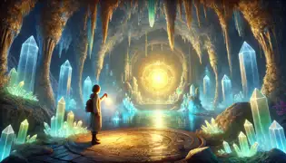 Mia se encuentra dentro de una cueva mágica, rodeada de cristales brillantes y con un orbe dorado flotando sobre una radiante piscina.