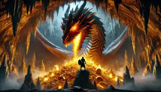 Einar se enfrenta a un dragón de escamas doradas en su cueva llena de tesoros, con venas brillantes de oro que iluminan la escena.