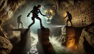 Los exploradores se equilibran sobre pilares de piedra en un abismo brumoso, perseguidos por un jaguar en el interior sombrío de la cueva.