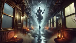 Un dios espectral que flota sobre un viajero en un vagón de tren iluminado por velas