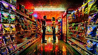 Pareja discutiendo en el pasillo de una tienda de conveniencia