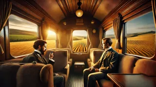 Phileas Fogg gazing out from a train window as the European landscape sweeps by