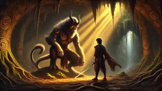 Bantong besiegt Rabot, das halb Mensch, halb Tier-Monster, in einer schattigen Höhle.