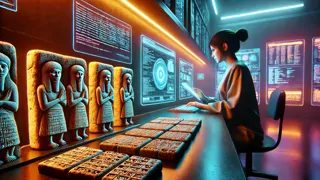 Aria inspeccionando frágiles tablillas cuneiformes bajo luces LED, rodeada de datos en realidad virtual