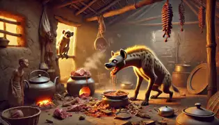 Una hiena codiciosa devora la comida dentro de una choza del pueblo, derribando ollas, mientras un mono observa con satisfacción desde la puerta.
