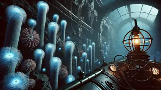Ventana de submarino enmarcando exuberantes bosques de corales bioluminiscentes en las profundidades del mar
