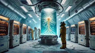 Mesa de laboratorio con una muestra orgánica alienígena preservada en una criocámara.