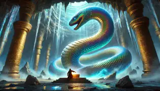 Dentro de una caverna resplandeciente, Nkisu, la Serpiente Arcoíris, se envuelve alrededor de un trono de piedra mientras Tembo se arrodilla ante ella, lleno de asombro.