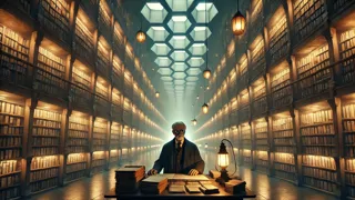 A gaunt librarian amid towers of hand-scribed index cards, surrounded by infinite hexagonal galleries.