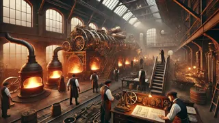 Componentes de cohetes impulsados por vapor siendo fabricados en una fundición de acero de la época victoriana, bajo hornos ardientes.