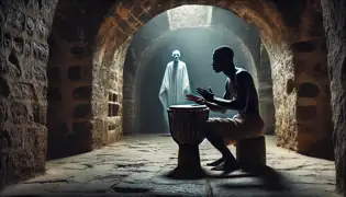 Dentro del calabozo del castillo, Kwame se sienta frente a un tambor tradicional, dudando en tocarlo, mientras el fantasma de Kojo observa desde las sombras.