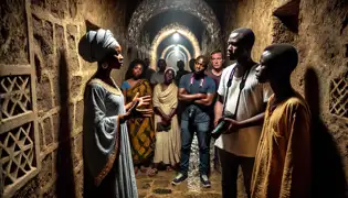 Efua, una guía turística, habla a un grupo de turistas dentro del Castillo de Cape Coast, mientras Kwame Boateng escucha de manera escéptica en la tenue luz del lugar.