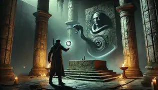 Dentro del Templo Olvidado, Nicu se extiende hacia un medallón plateado y resplandeciente, mientras una figura sombría con ojos vacíos observa desde la penumbra.