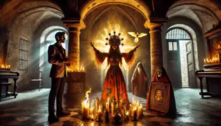 Isabela y Rafael realizan un poderoso ritual dentro de la Casa de San Miguel, donde una luz dorada obliga a un espíritu sombrío a retroceder.