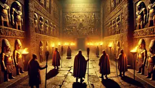 Un vasto patio de piedra iluminado por antorchas, donde Guardianes en túnicas que llevan máscaras de madera emergen de las sombras.