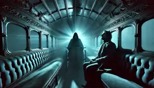 Dentro de la Coaches Fantasma, Elias Gruber se sienta rígido bajo una inquietante luz azul, rodeado de sombras que giran en un vacío interminable.