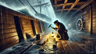 Klabautermann repairs ship's hull during a raging Baltic Sea storm.