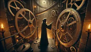 Horacio se encuentra dentro de los enormes engranajes del Reloj Astronómico, estirando la mano hacia una palanca de bronce, mientras el fantasma del Maestro Hanuš lo observa.