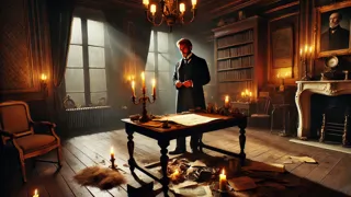 C. Auguste Dupin estudiando evidencias a la luz de las velas sobre una mesa desordenada