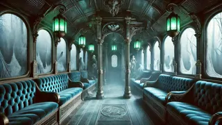 Interior de un vagón de tren embrujado iluminado por linternas espectrales