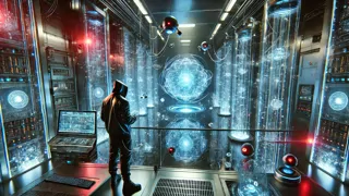 Un interior de bóveda elegante, iluminado por luces de seguridad de neón azul, con un hacker solitario frente a una consola luminosa mientras drones patrullan en el aire.