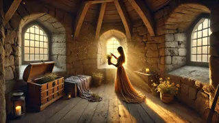 Interior de la habitación en la torre de piedra de Rapunzel, con flores en maceta y una ventana estrecha