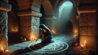 La Mulata de Córdoba tallando un círculo mágico dentro de una celda de prisión a la luz de las velas