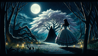 Isabella se encuentra delante del espectral El Silbón, bajo un antiguo árbol de ceibo en un claro bañado por la luz de la luna.