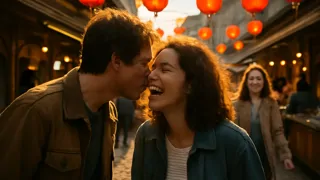 Iván accidentalmente besa a Anya en medio de una multitud de curiosos asistentes al festival en un callejón iluminado por linternas en Moscú.