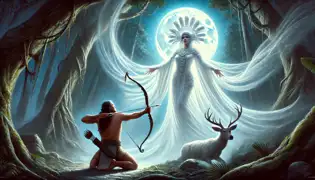 A Deusa da Lua, Ix Chel, se transforma de uma cervo branco ferido em uma figura celestial diante de um Itzam em adoração, de joelhos e impressionado.