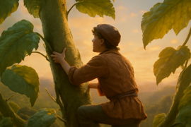 Jack sube por la altísima planta de frijol al amanecer, mientras las nubes giran alrededor del gigantesco tallo.