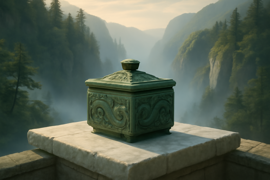Una caja de jade luminosa que descansa sobre una plataforma de piedra tallada, en lo alto de un profundo y nebuloso abismo.