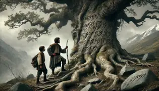 Jakob y Elias examinan inscripciones enigmáticas en un antiguo roble, con expresiones que reflejan curiosidad y determinación.