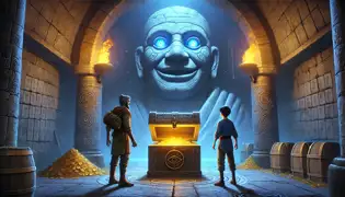 Jakob y Elias se encuentran ante una estatua de piedra con ojos que brillan, mientras un compartimento oculto se abre para revelar antiguos pergaminos en lugar de oro.