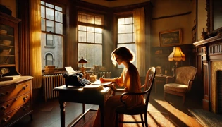 Janis Joplin escribiendo letras en una habitación iluminada por el sol del Palacio Rosado