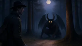 Una figura alada y sombría entre los pinos iluminados por la luna, vislumbrada por un viajero asustado.