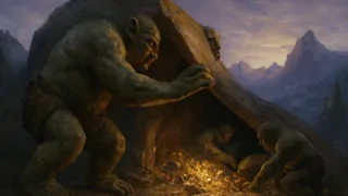 Un troll revela una cueva de tesoro resplandeciente en los acantilados de Jotunheimen durante la noche.