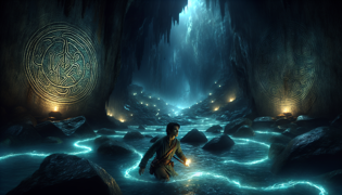 A lone adventurer descends into a glowing underwater cave filled with ancient symbols.