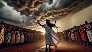 Kalala levanta los brazos en el centro del pueblo mientras nubes de tormenta giran en el cielo. Los aldeanos lo observan con asombro al caer las primeras gotas de lluvia.