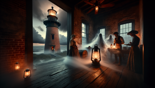 Sala de vigilancia del Faro de Pensacola durante una tormenta, los guardianes sosteniendo una linterna que emite un resplandor en medio del viento y la lluvia.