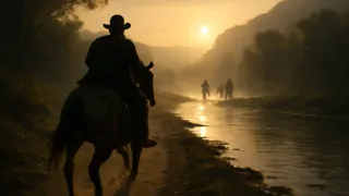 Kim galopando hacia el atardecer para desviar a los agentes enemigos lejos de un enviado británico.